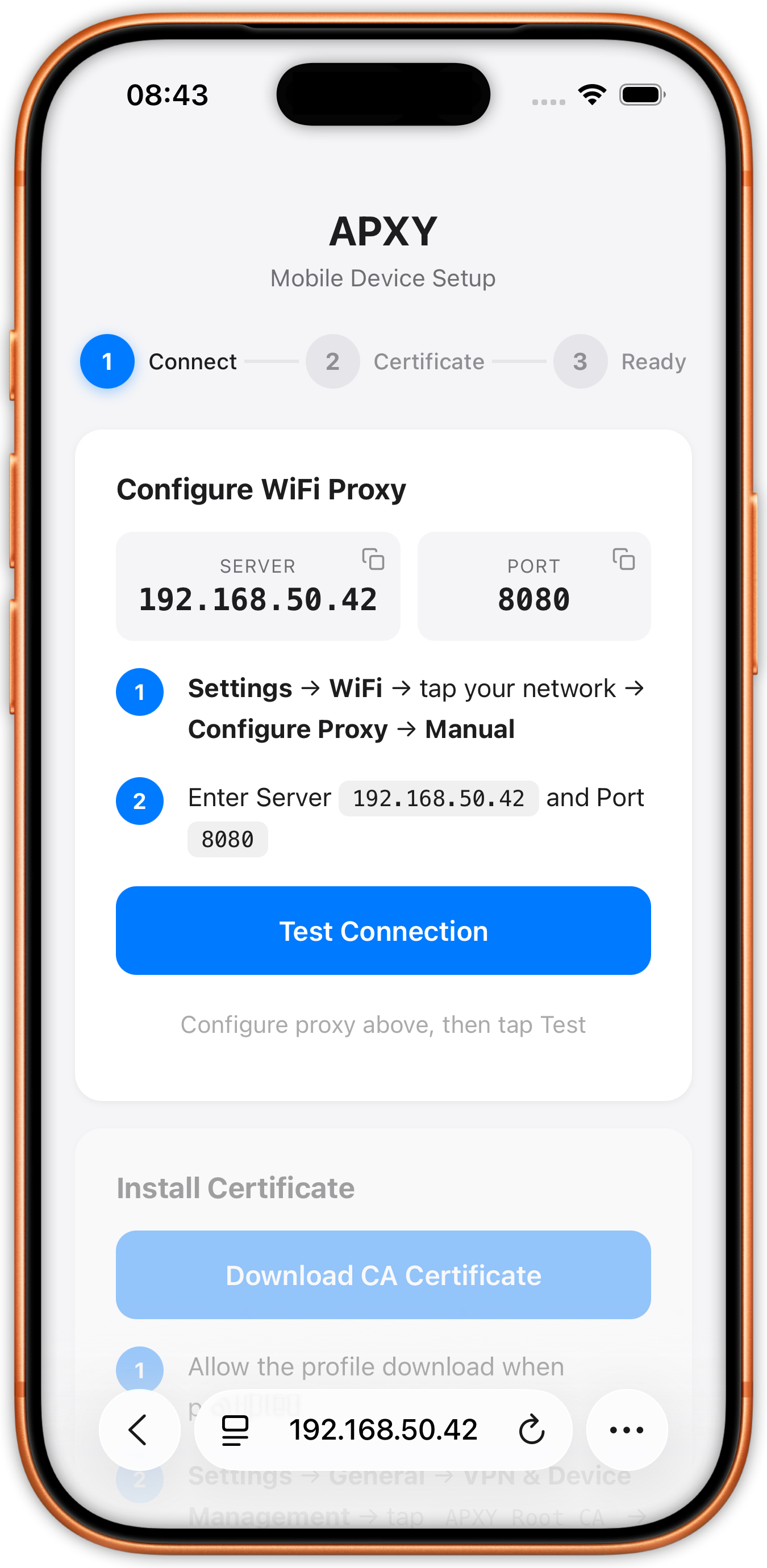 APXY mobile setup page on an iPhone showing Wi-Fi proxy values, certificate installation, and a test connection button.